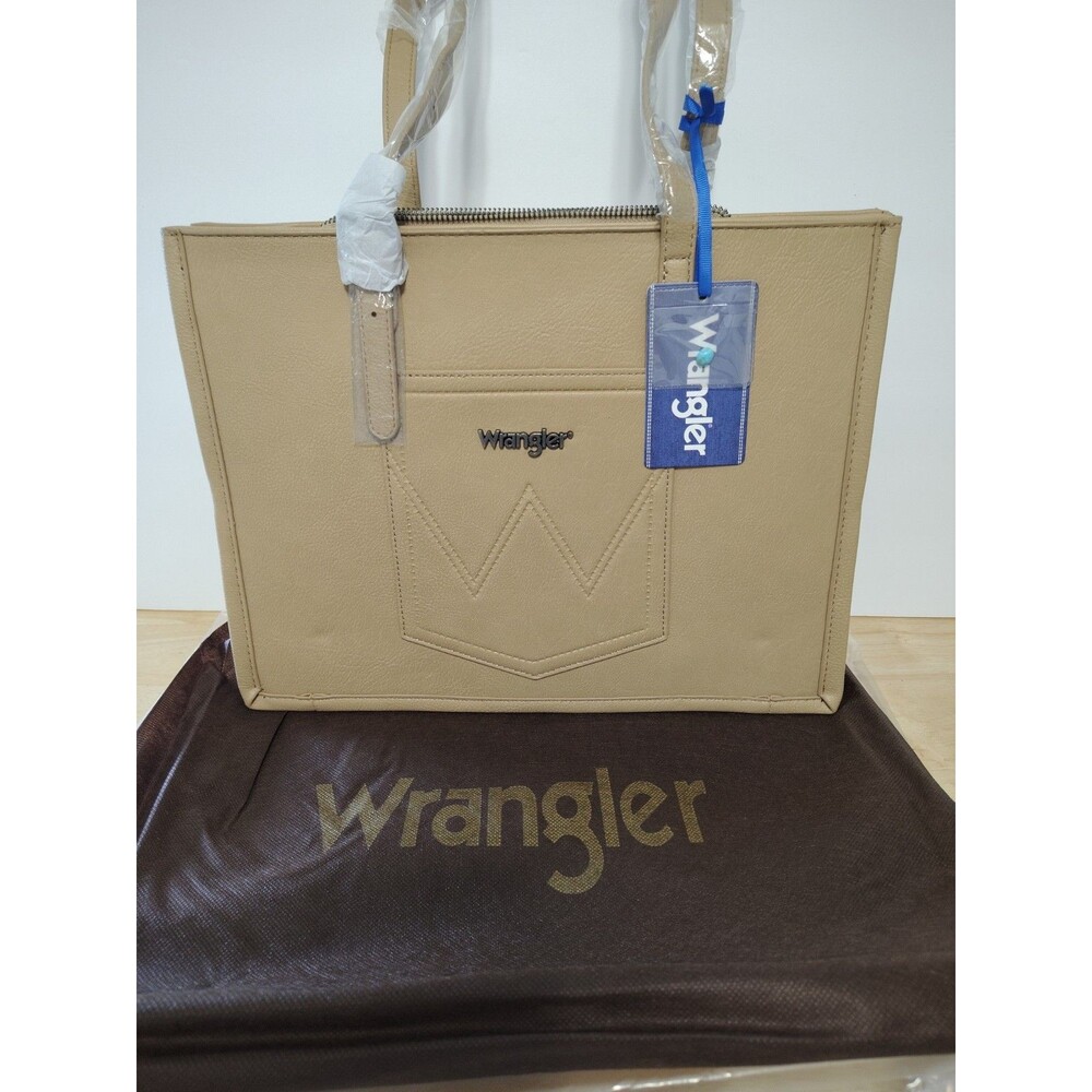 Wrangler Large Tan Tote Bag Zip Top Lined Inner Pockets Straps Conchos New W/Tag